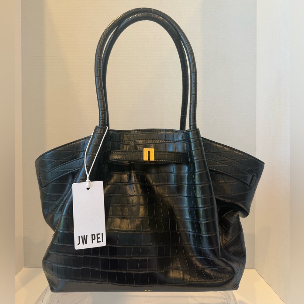 JW PEI Hana Medium Black Croc-Textured Tote